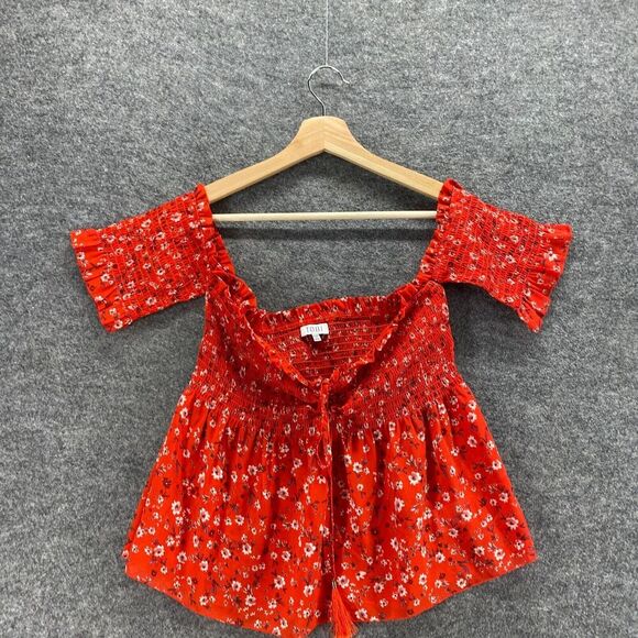 Tobi Top Women M Medium Red Floral V-Neck Short Sleeve Tasseled Breathable - Picture 2 of 7